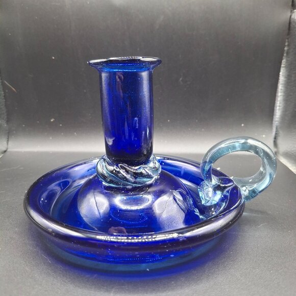 Blue Glass Artisan Candlestick  Whimsical Curved Handle Vintage Handblown Decor - Picture 1 of 8
